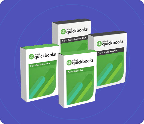 Various boxed versions of Intuit QuickBooks software on a purple background, showcasing options in the quicken vs quickbooks comparison.