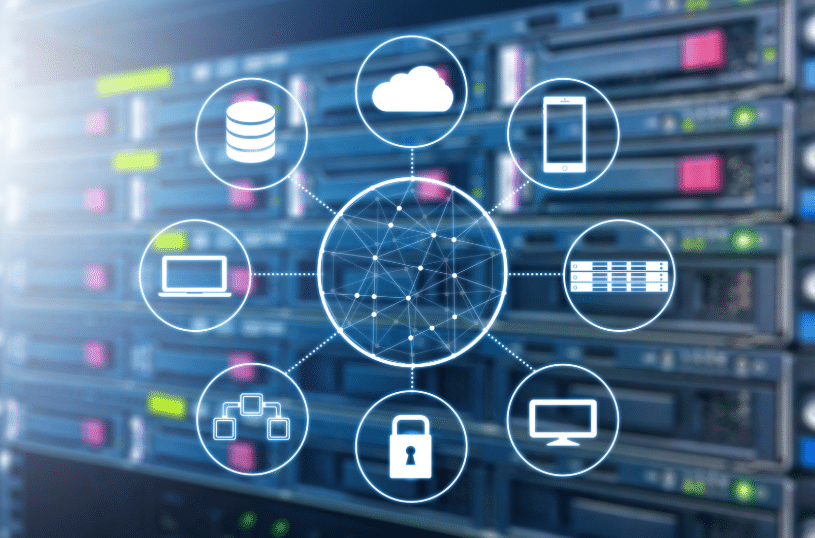 A diagram showing interconnected devices and cloud storage technology against a background of server racks.