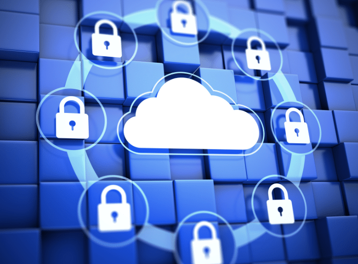 A 3D cloud icon surrounded by digital padlocks, illustrating cloud security and encrypted data protection in cloud computing.