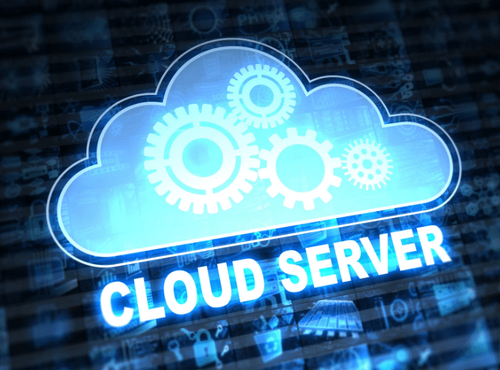 A glowing blue cloud icon with gears inside and the text "CLOUD SERVER," symbolizing cloud computing and remote data processing. Relevant to cloud server vs in house hosting.