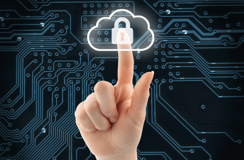 A hand touching a digital cloud icon with a padlock, representing cloud security and data protection. Highlights security considerations in cloud server vs in house hosting.