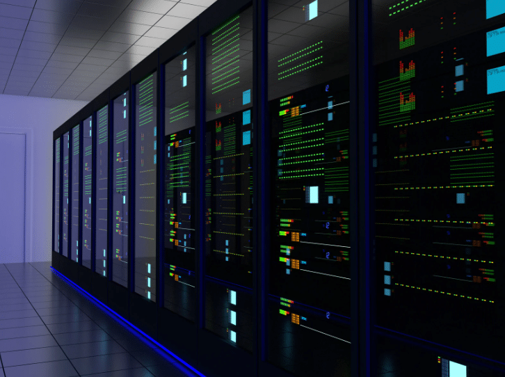 A modern data center with rows of in-house servers illuminated by LED indicators, showcasing traditional on-premise hosting. Comparison of cloud server vs in house hosting.