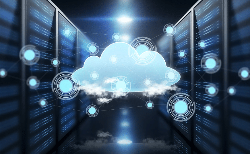 A futuristic cloud computing concept with digital connections in a data center, illustrating cloud-based infrastructure. Related to cloud server vs in house hosting.