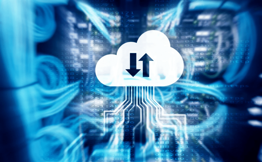 Digital cloud icon with data transfer arrows representing cloud networking in a high-tech server environment.