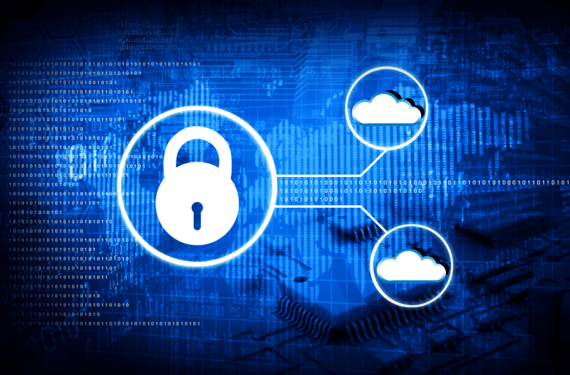 Cloud networking security concept with a padlock icon connected to cloud symbols over a digital data background.