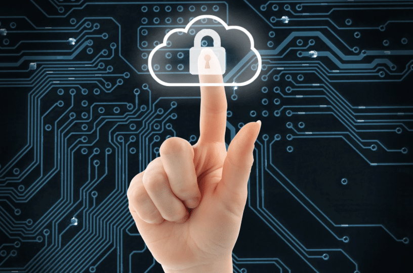 Finger touching a secure cloud icon on a circuit board background symbolizing cloud networking access and data protection.
