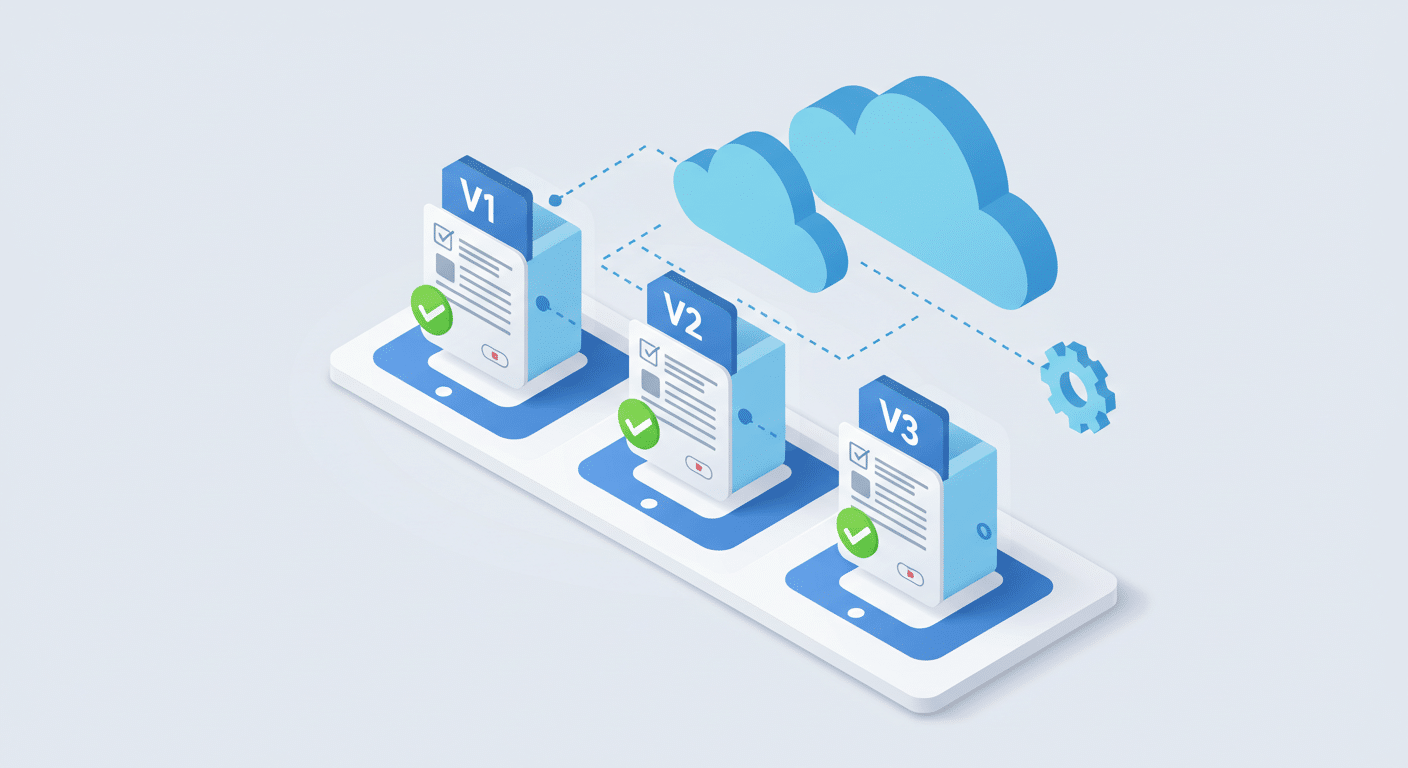 Digital version control system showing V1, V2, V3 connected to cloud, representing document management best practices in file versioning.