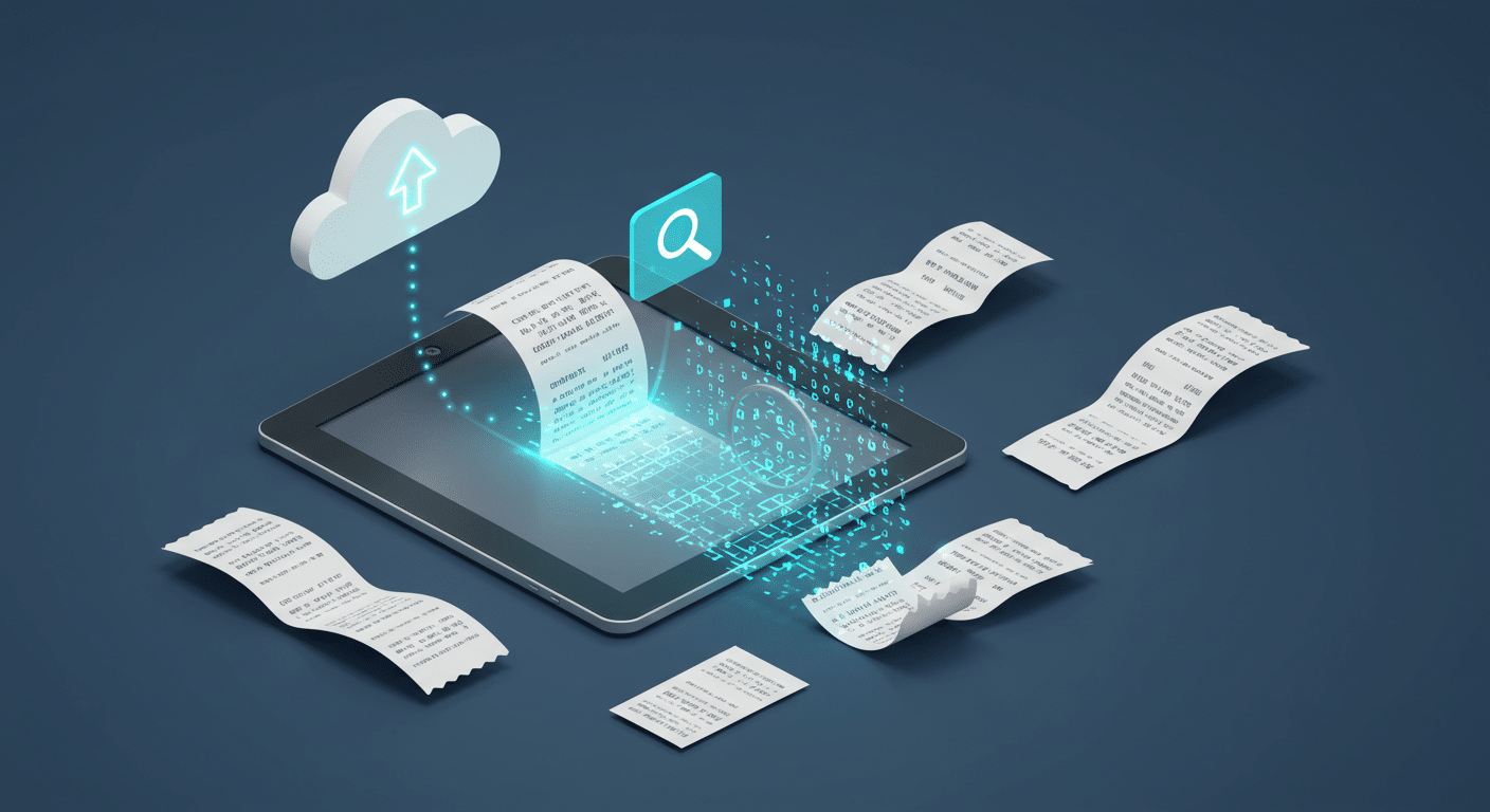 Tablet uploading digital receipts to the cloud, highlighting document management best practices for organizing financial records.